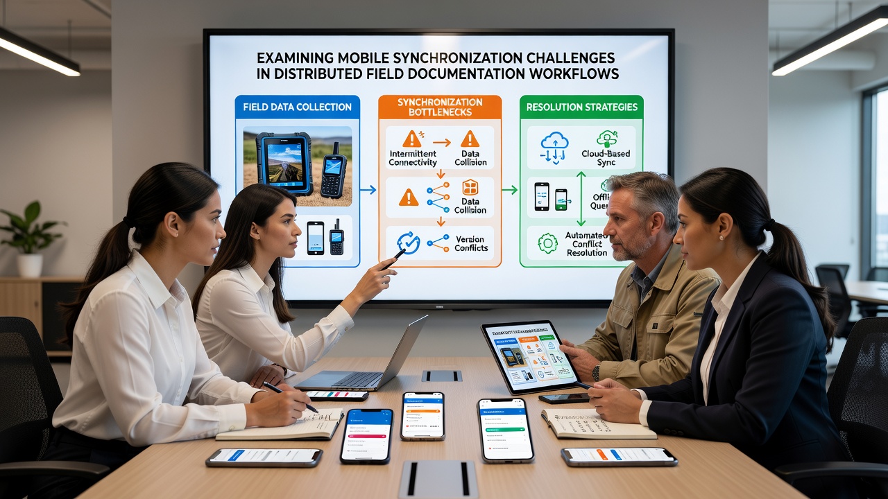 Team members reviewing synchronized field reports on tablets during a site meeting